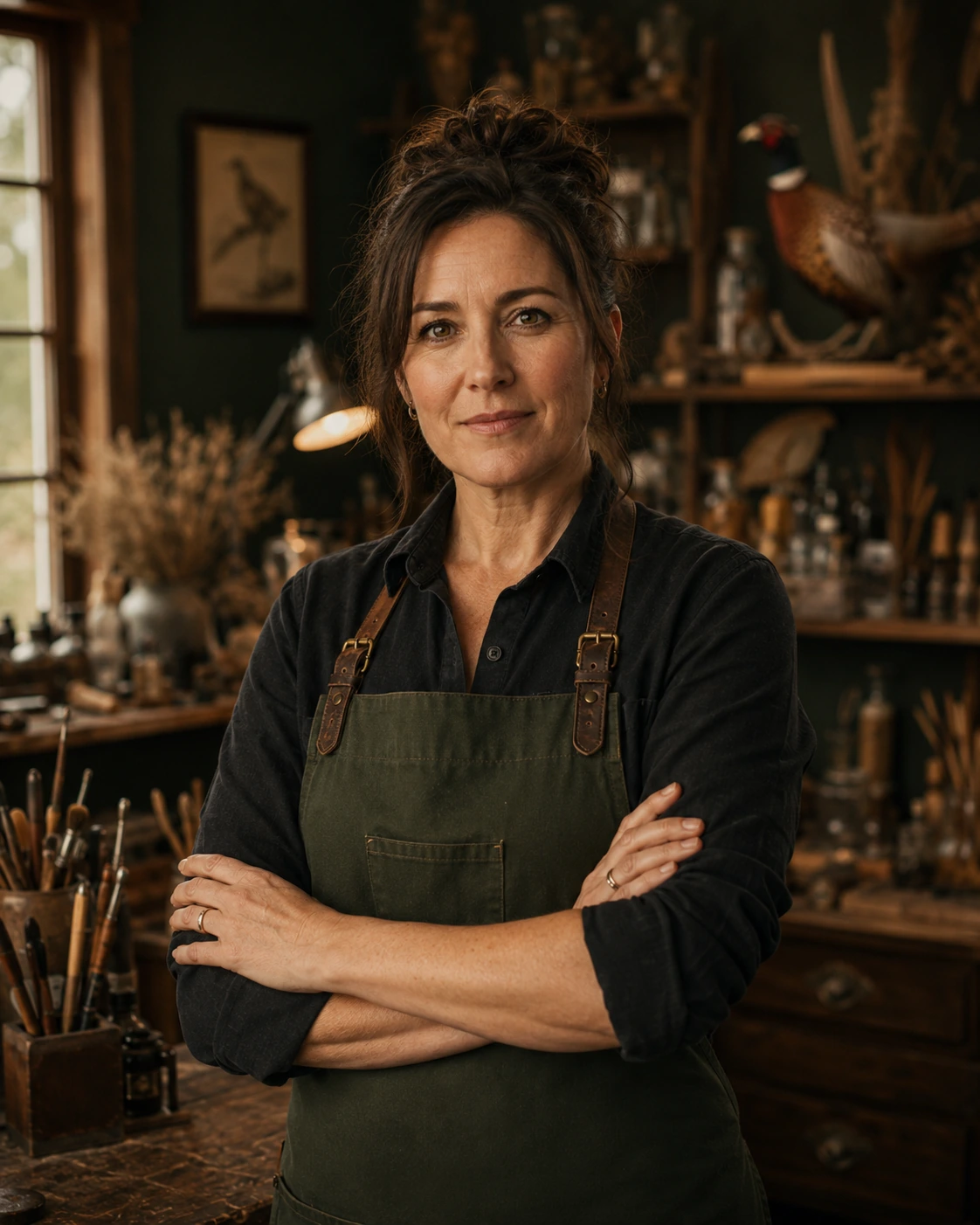 Fictional taxidermy artisan photographed in a professional workshop.