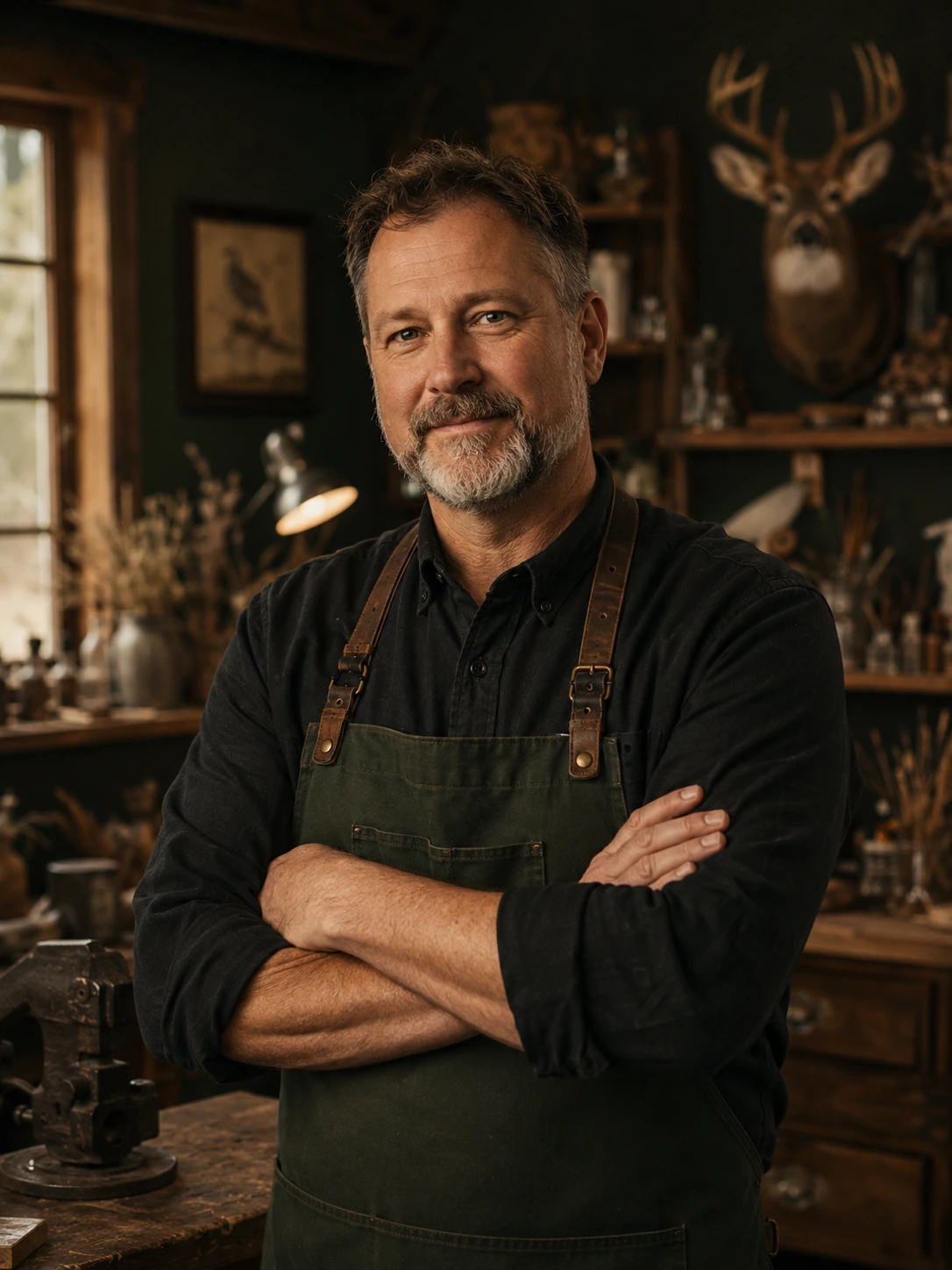 Fictional taxidermy artisan standing in an organized workshop.