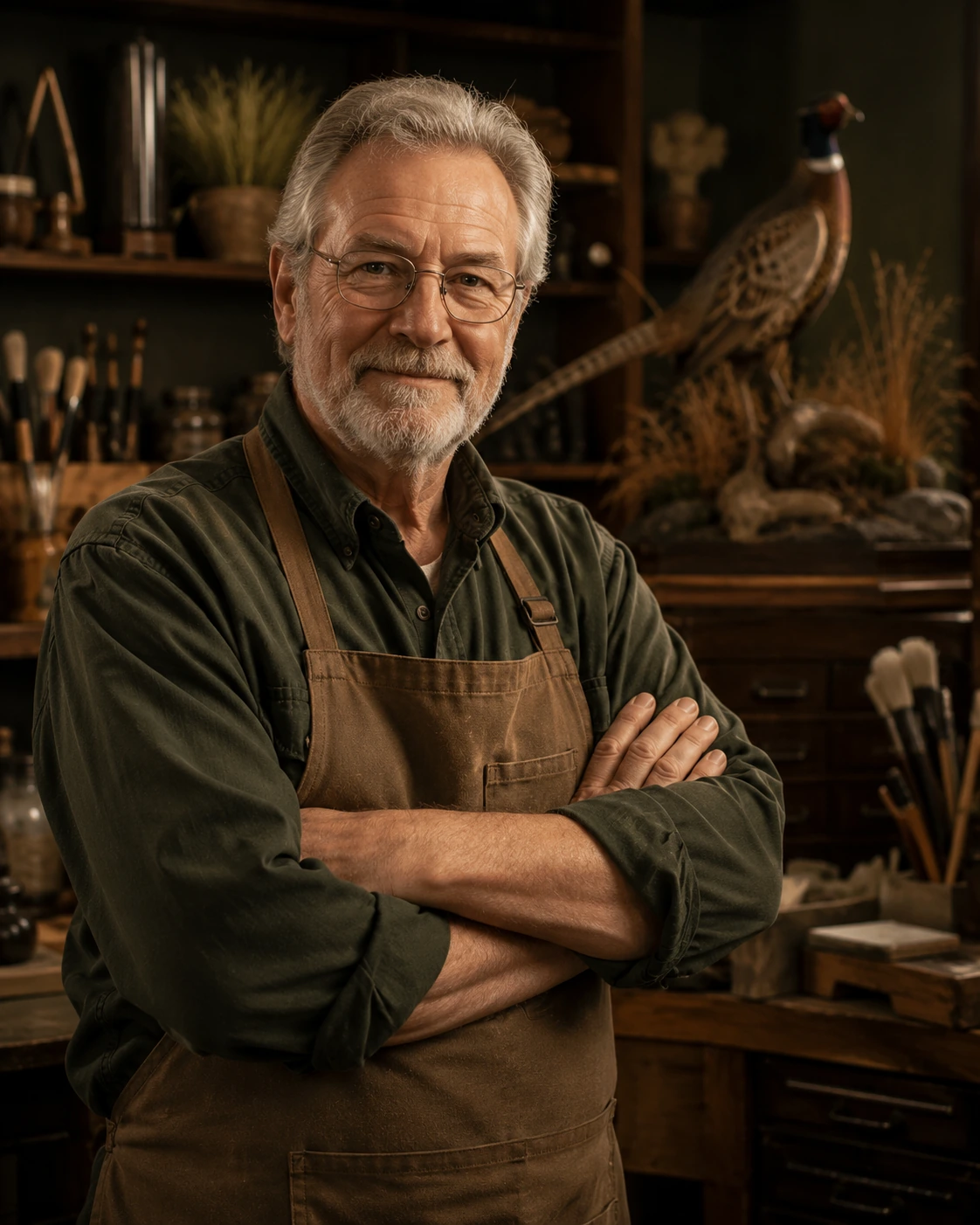 Fictional senior taxidermy artisan standing in an organized professional workshop.