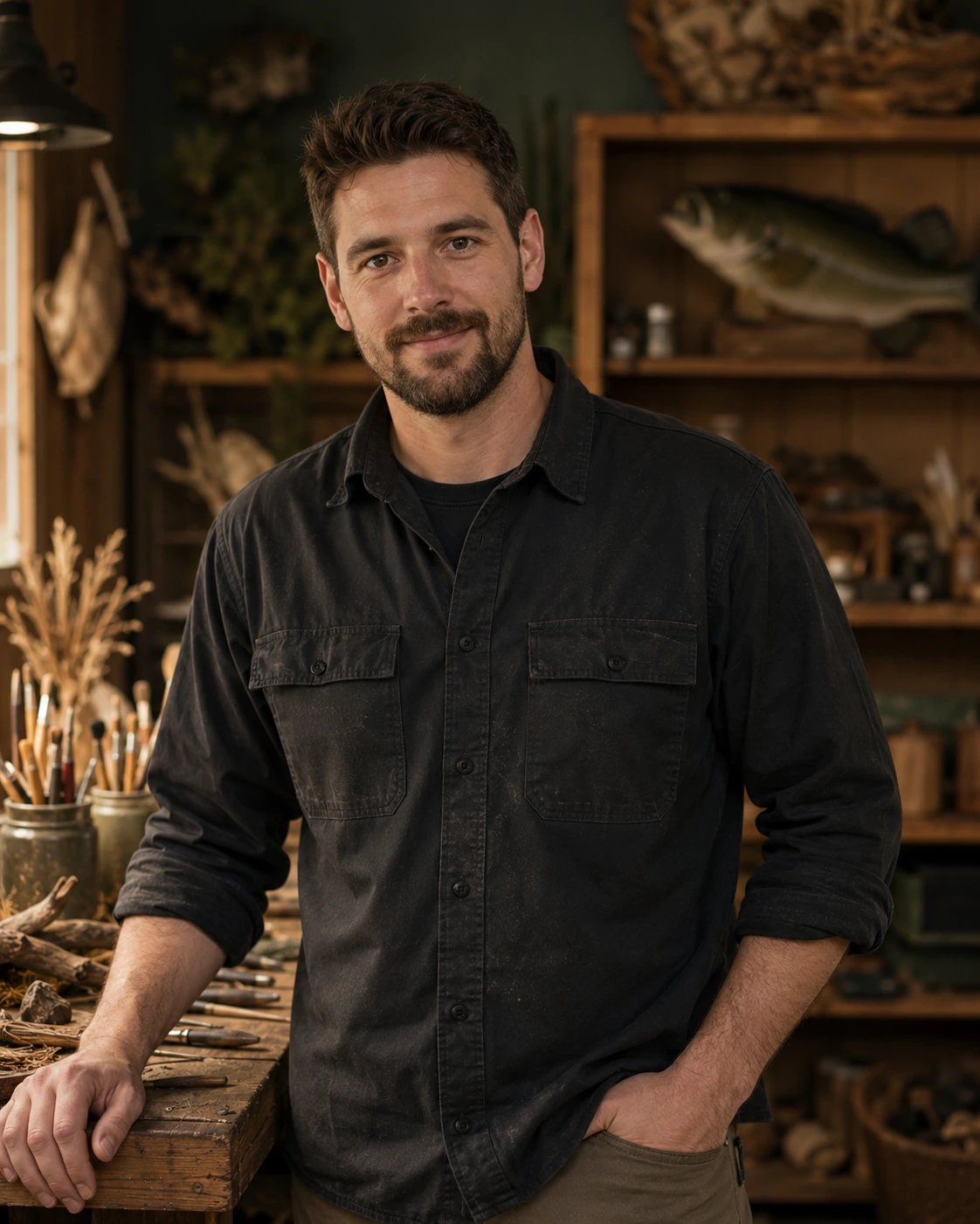 Fictional taxidermy artisan working in an organized professional workshop.