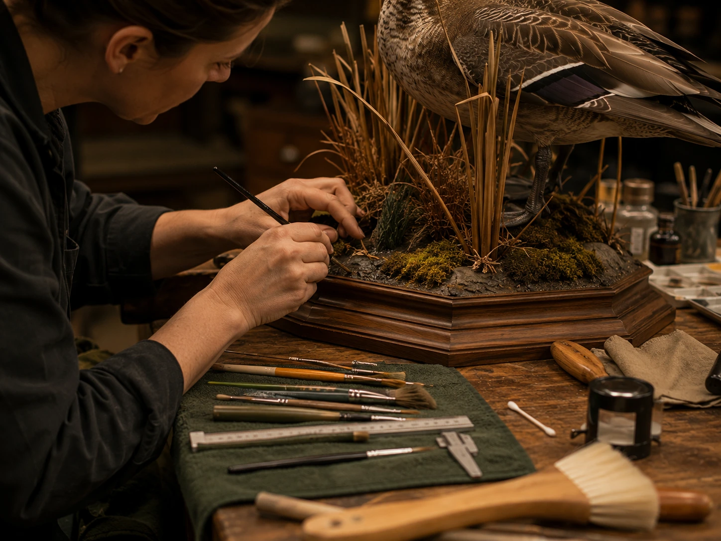 Hands making careful finishing adjustments to a competition presentation base.