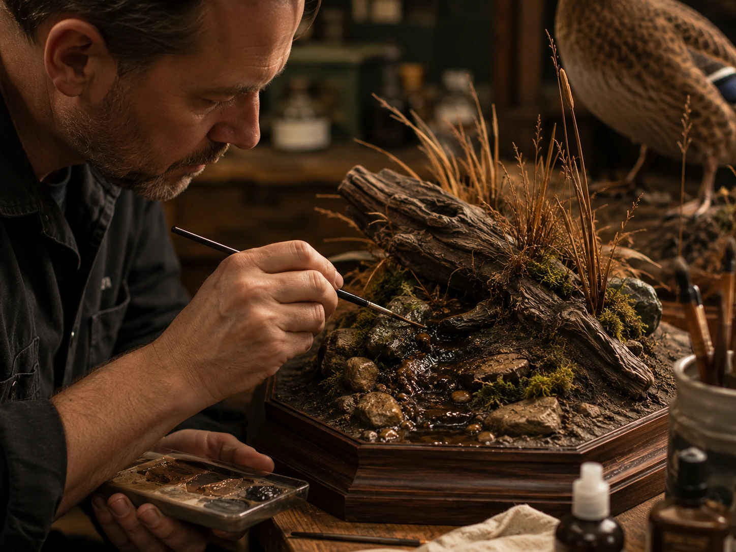 Artisan applying detailed finishing work to a habitat base.