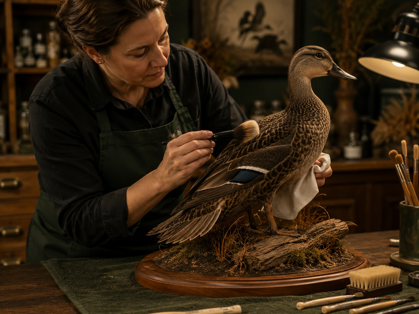 Hands gently maintaining a completed specimen with a soft brush.