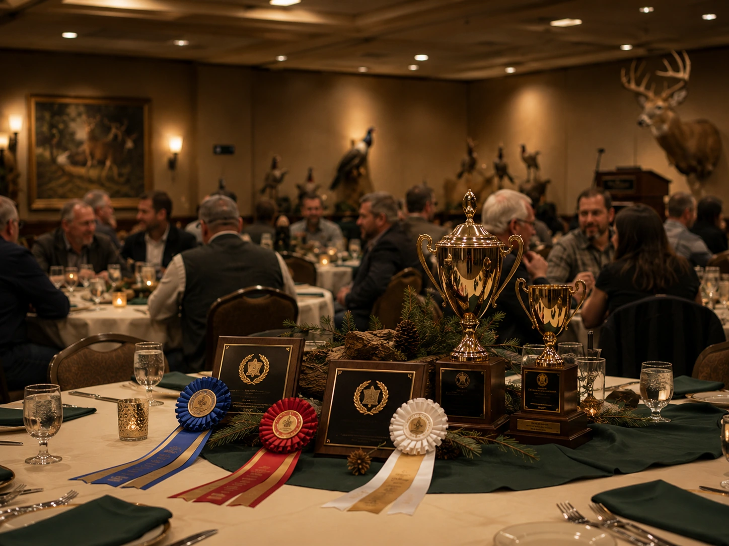 Awards displayed in a banquet room while attendees gather in the background.