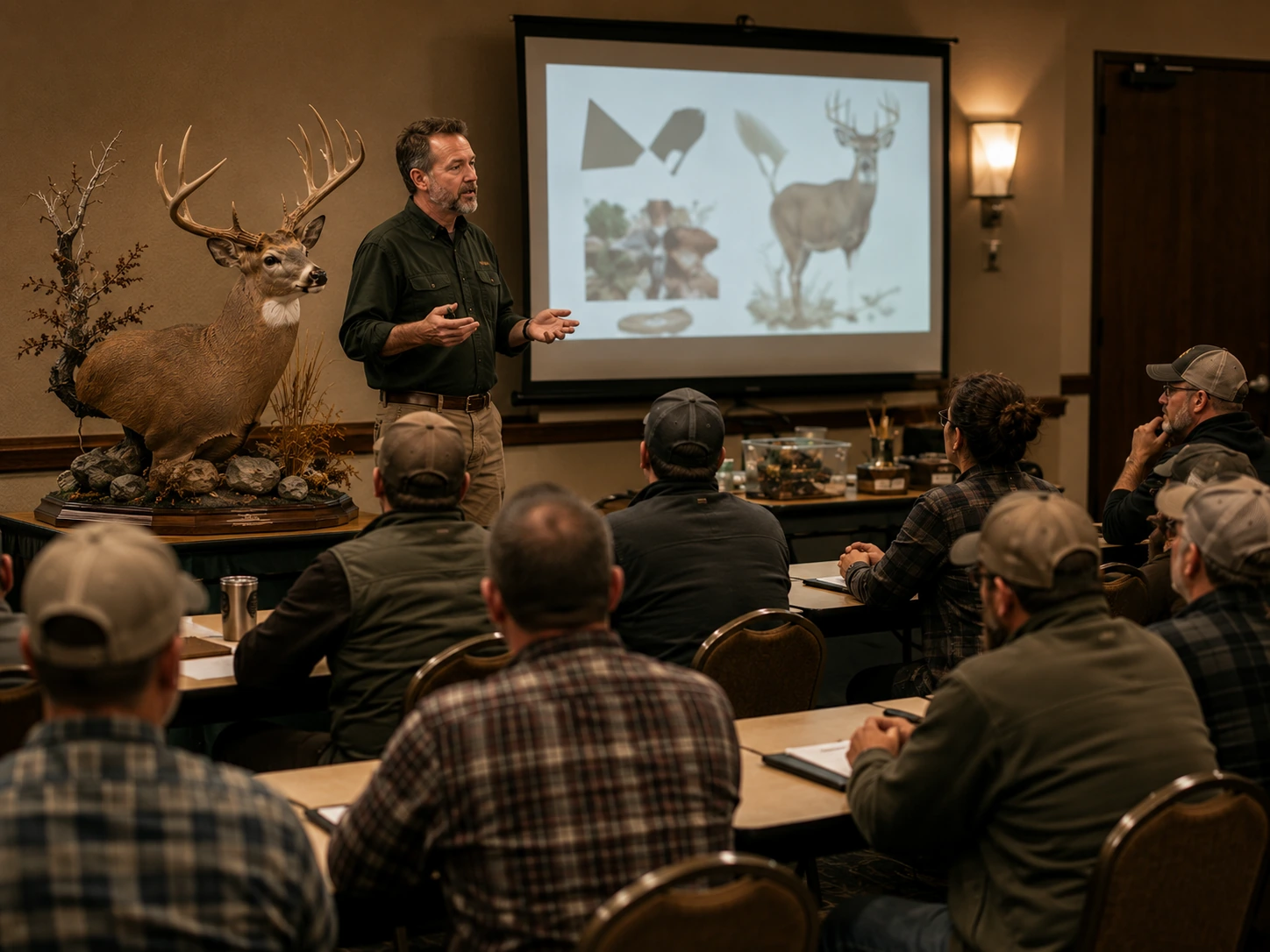 Seminar presenter addressing attendees beside a finished wildlife display.