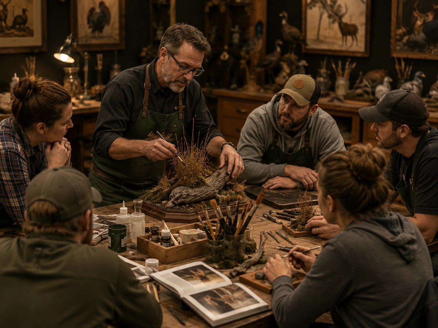 Participants observing a hands-on craftsmanship demonstration at a workshop table.