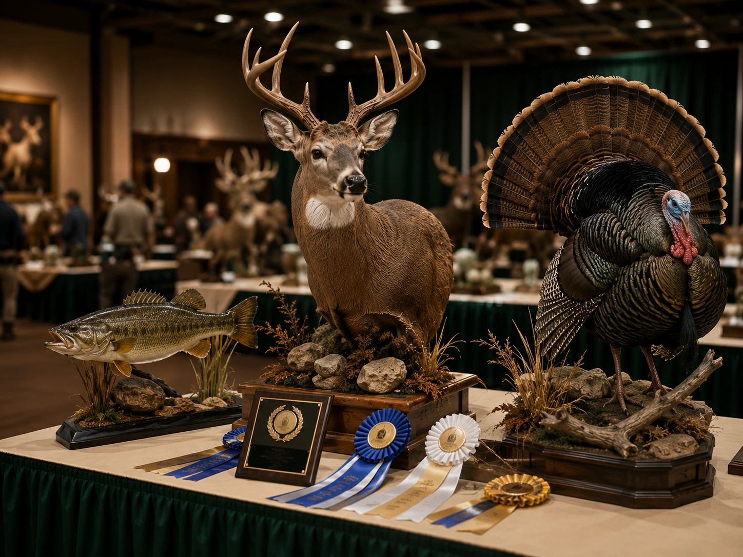 Finished taxidermy displays arranged with competition ribbons and awards.
