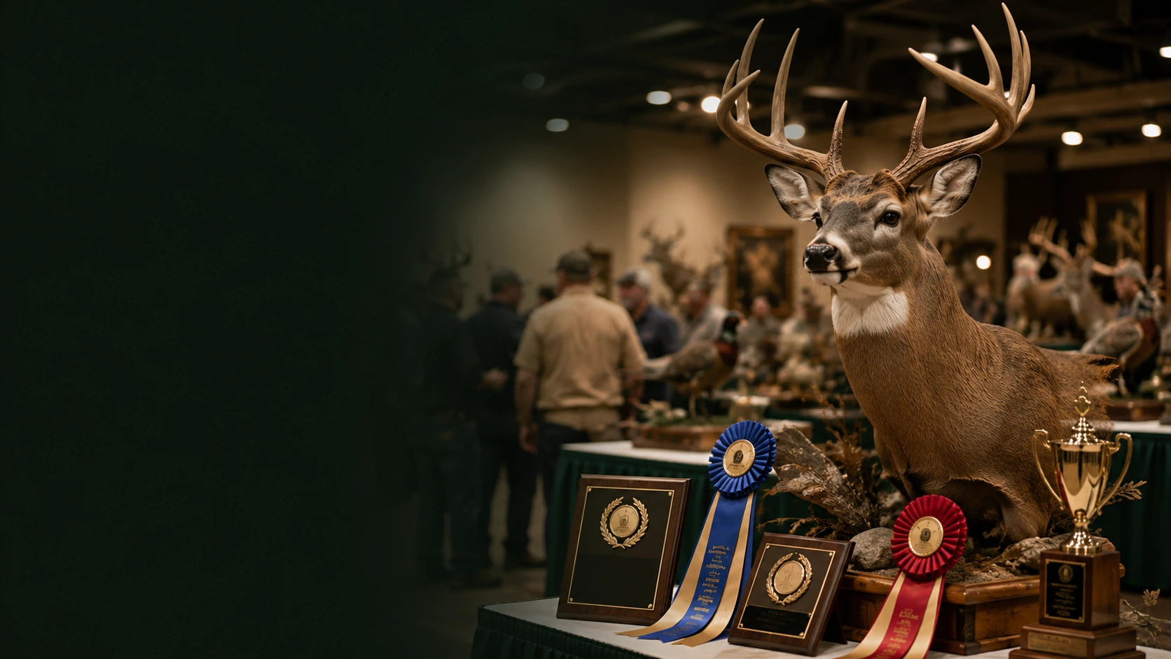 Taxidermy competition display with ribbons, plaques, and a finished deer mount.