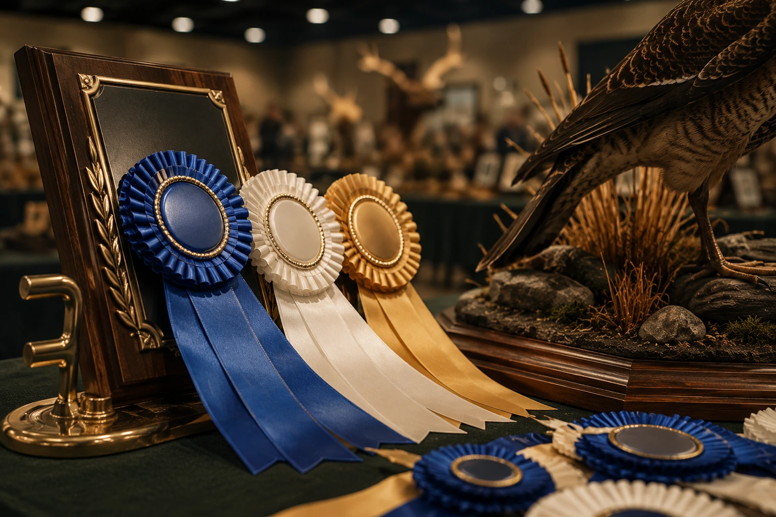 Competition ribbons and a plaque displayed beside a finished mount.
